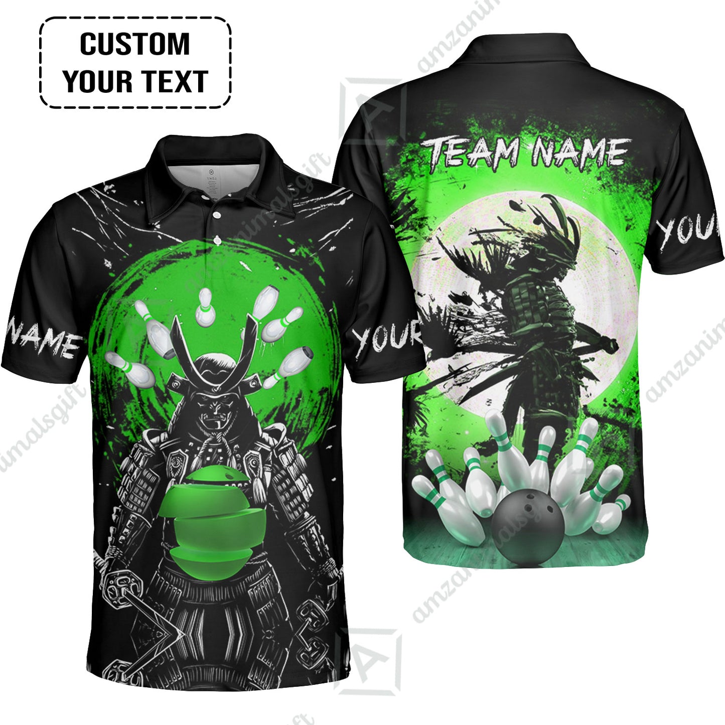 Custom Bowling Team Jerseys Polo Shirts, Bowling uniforms Ball And Pins Samurai Multicolor Options Personalized Name And Team Name