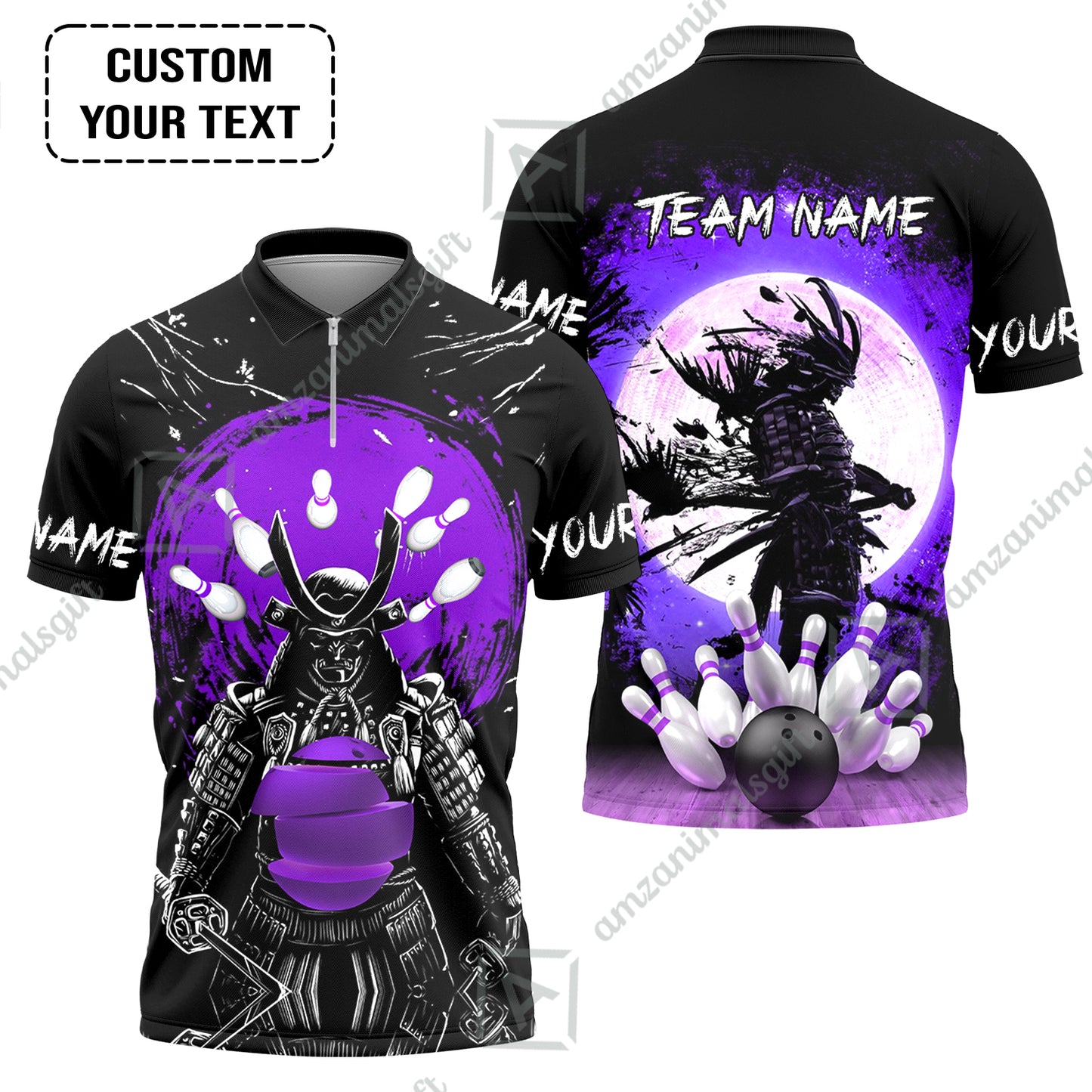 Custom Bowling Team Jerseys Polo Shirts, Bowling uniforms Ball And Pins Samurai Multicolor Options Personalized Name And Team Name
