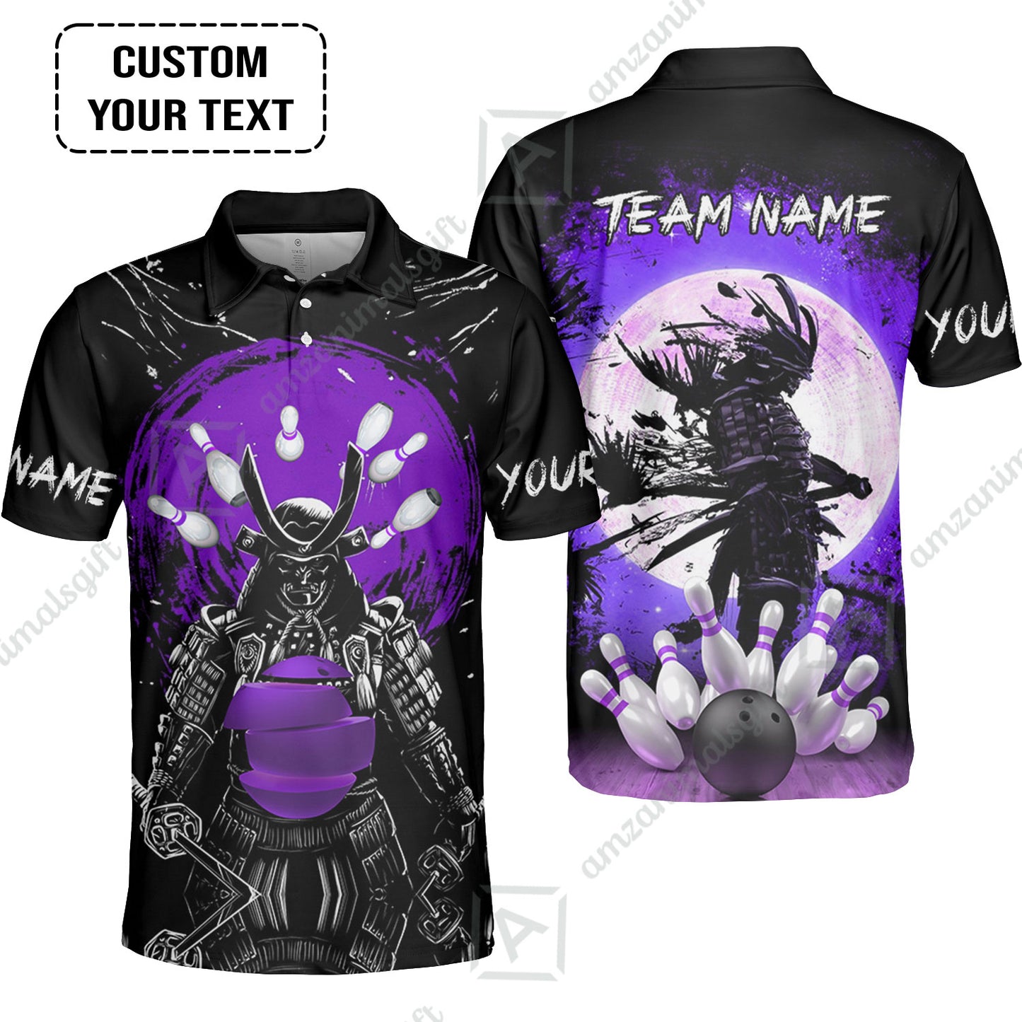 Custom Bowling Team Jerseys Polo Shirts, Bowling uniforms Ball And Pins Samurai Multicolor Options Personalized Name And Team Name