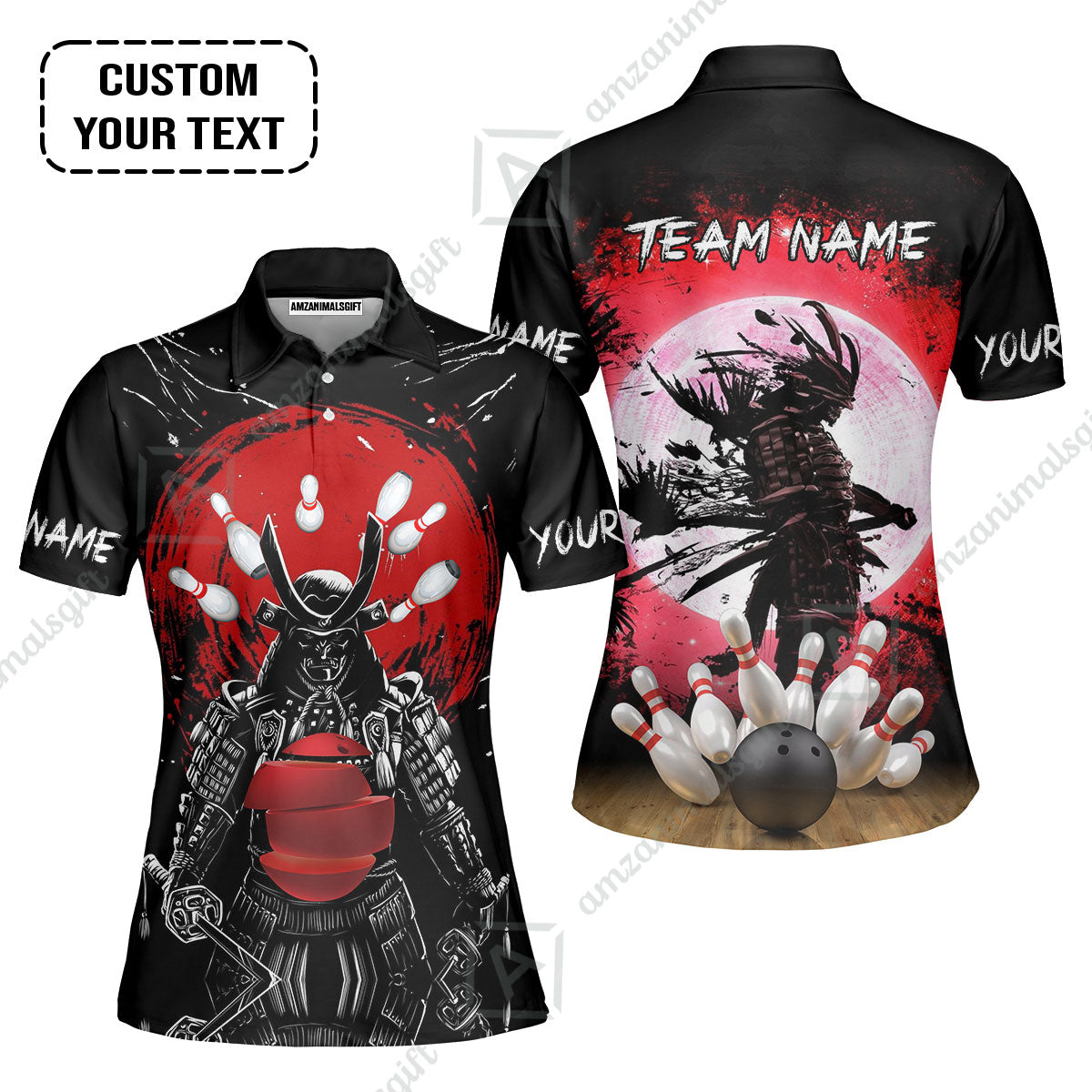 Custom Bowling Team Jerseys Polo Shirts, Bowling uniforms Ball And Pins Samurai Multicolor Options Personalized Name And Team Name