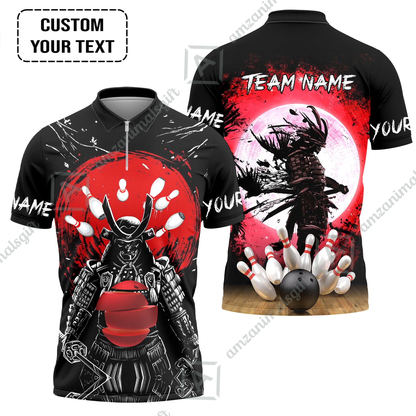 Custom Bowling Team Jerseys Polo Shirts, Bowling uniforms Ball And Pins Samurai Multicolor Options Personalized Name And Team Name