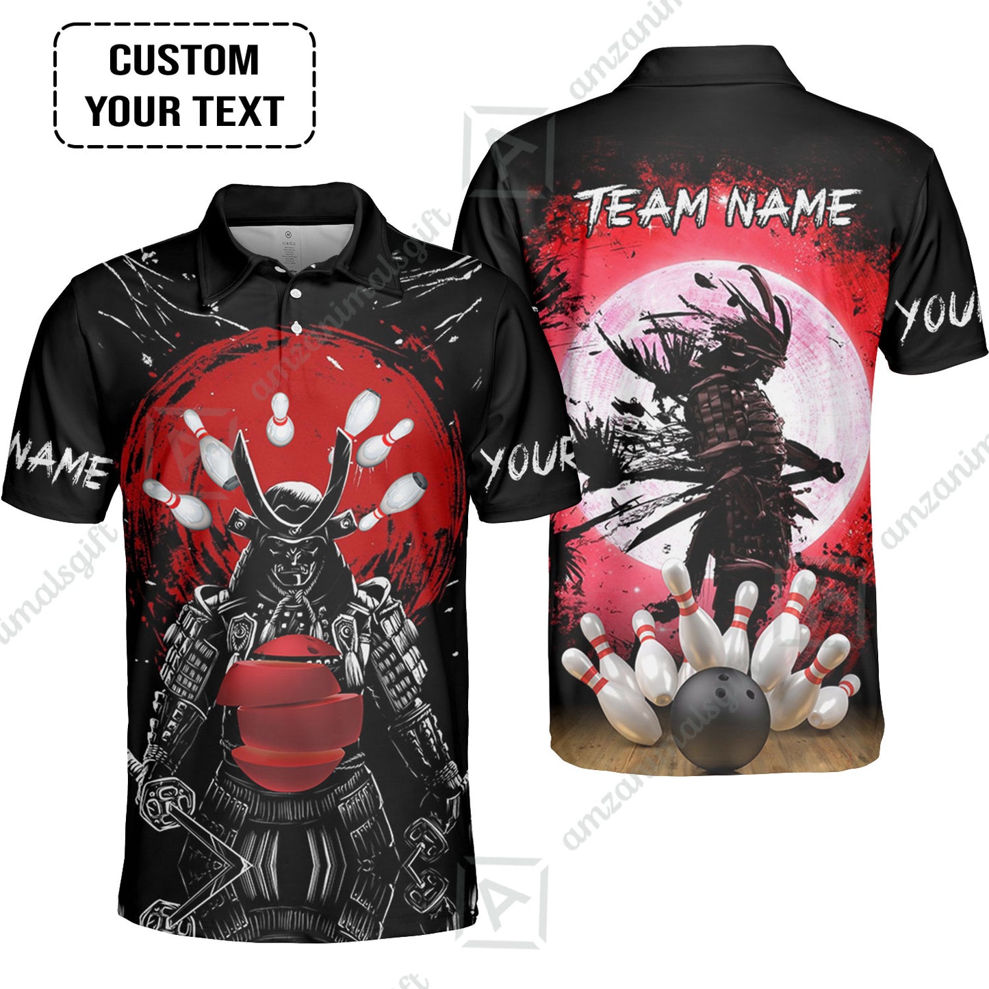 Custom Bowling Team Jerseys Polo Shirts, Bowling uniforms Ball And Pins Samurai Multicolor Options Personalized Name And Team Name
