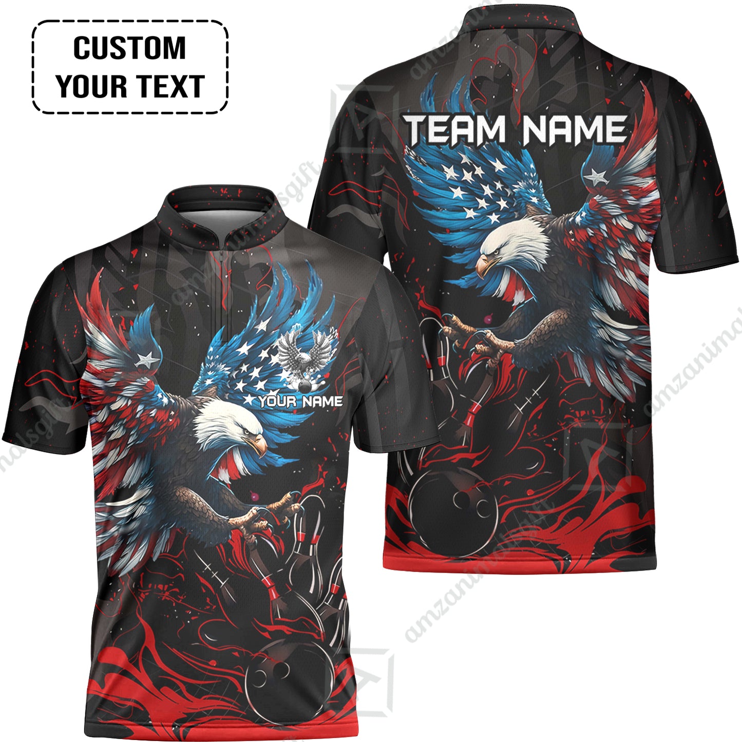 Custom Bowling Team Jerseys, Bowling uniforms Quarter-Zip Polo, Bowling Ball & Pins Almighty American Eagle Customized Name And Team Name