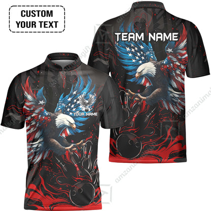 Custom Bowling Team Jerseys, Bowling uniforms Quarter-Zip Polo, Bowling Ball & Pins Almighty American Eagle Customized Name And Team Name