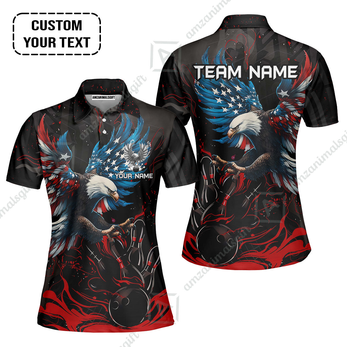 Custom Bowling Team Jerseys, Bowling uniforms Quarter-Zip Polo, Bowling Ball & Pins Almighty American Eagle Customized Name And Team Name
