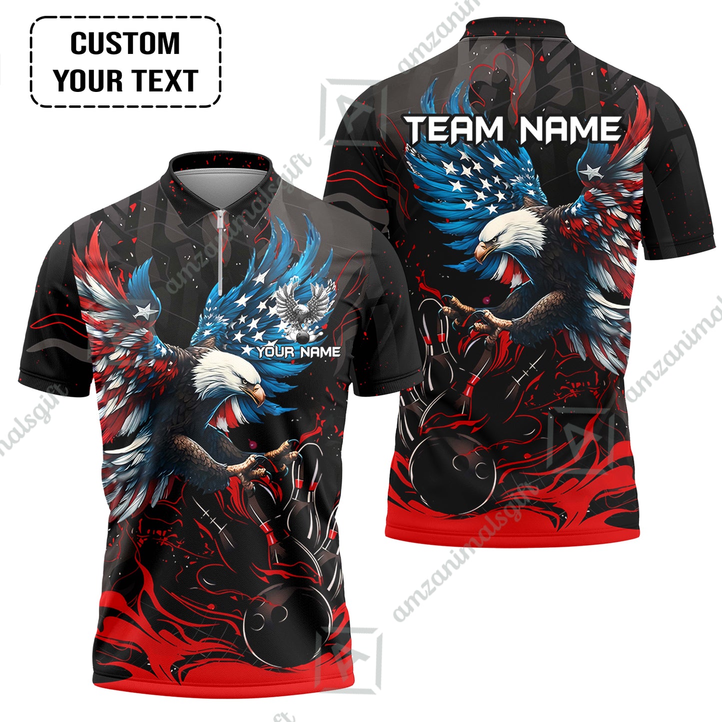 Custom Bowling Team Jerseys, Bowling uniforms Quarter-Zip Polo, Bowling Ball & Pins Almighty American Eagle Customized Name And Team Name