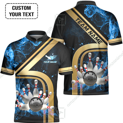 Custom Bowling Team Jerseys Polo Shirts, Bowling uniforms Ball & Pins Water And Flame Multicolor Options Personalized Name And Team Name