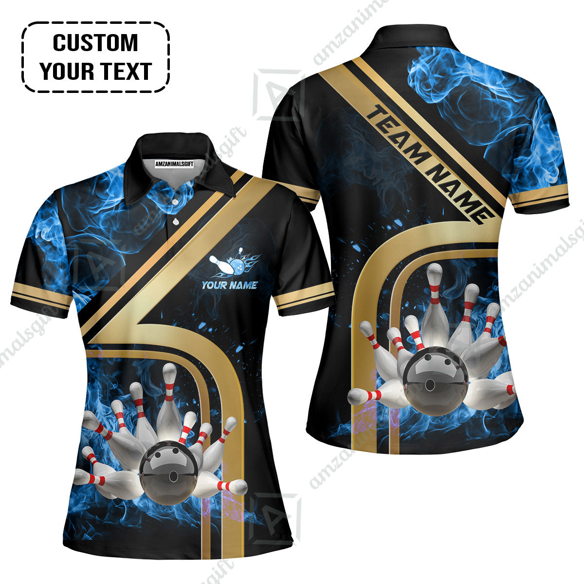 Custom Bowling Team Jerseys Polo Shirts, Bowling uniforms Ball & Pins Water And Flame Multicolor Options Personalized Name And Team Name