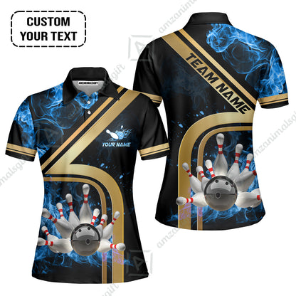 Custom Bowling Team Jerseys Polo Shirts, Bowling uniforms Ball & Pins Water And Flame Multicolor Options Personalized Name And Team Name