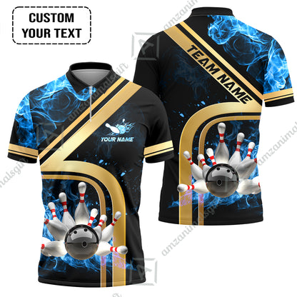 Custom Bowling Team Jerseys Polo Shirts, Bowling uniforms Ball & Pins Water And Flame Multicolor Options Personalized Name And Team Name