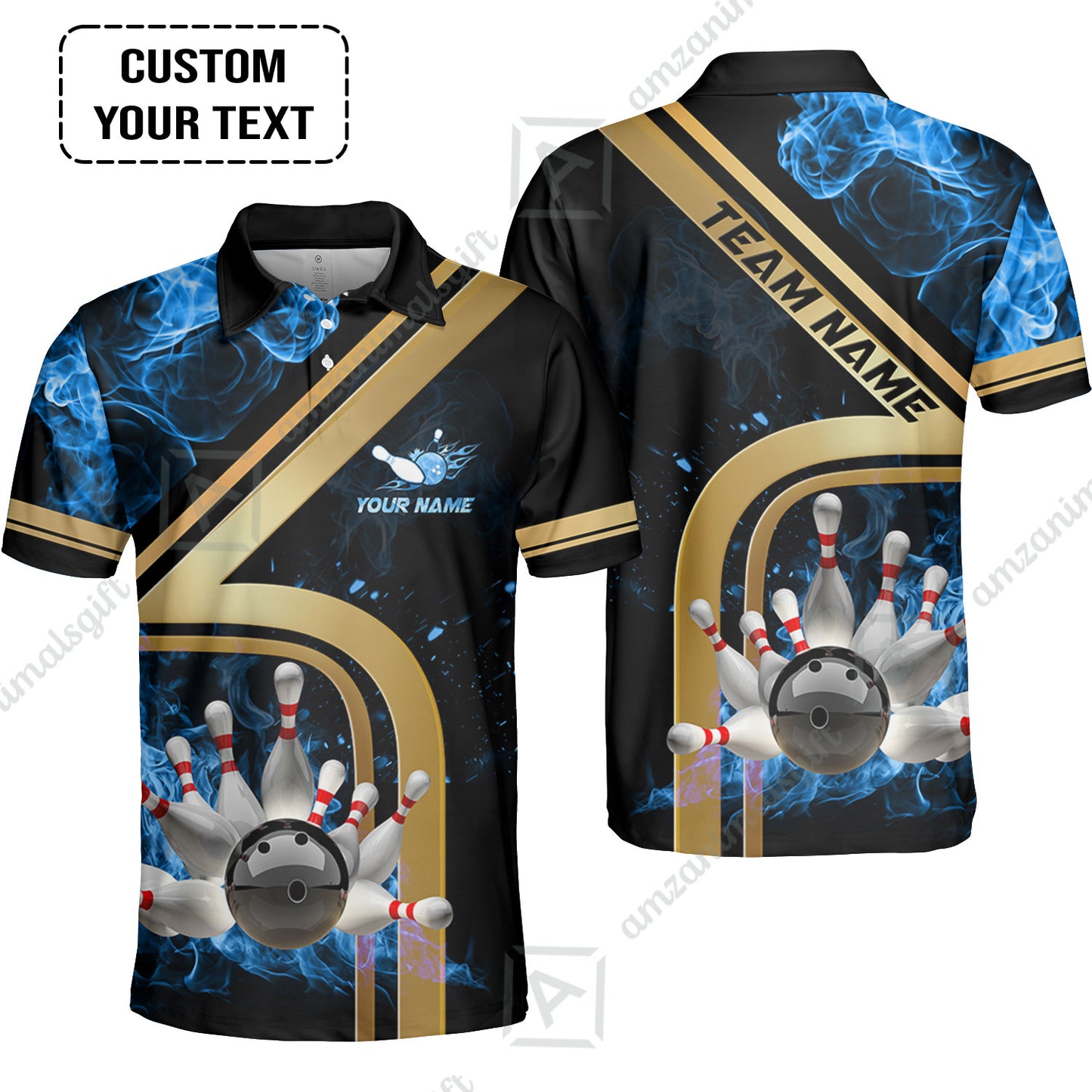 Custom Bowling Team Jerseys Polo Shirts, Bowling uniforms Ball & Pins Water And Flame Multicolor Options Personalized Name And Team Name
