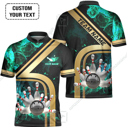 Custom Bowling Team Jerseys Polo Shirts, Bowling uniforms Ball & Pins Water And Flame Multicolor Options Personalized Name And Team Name