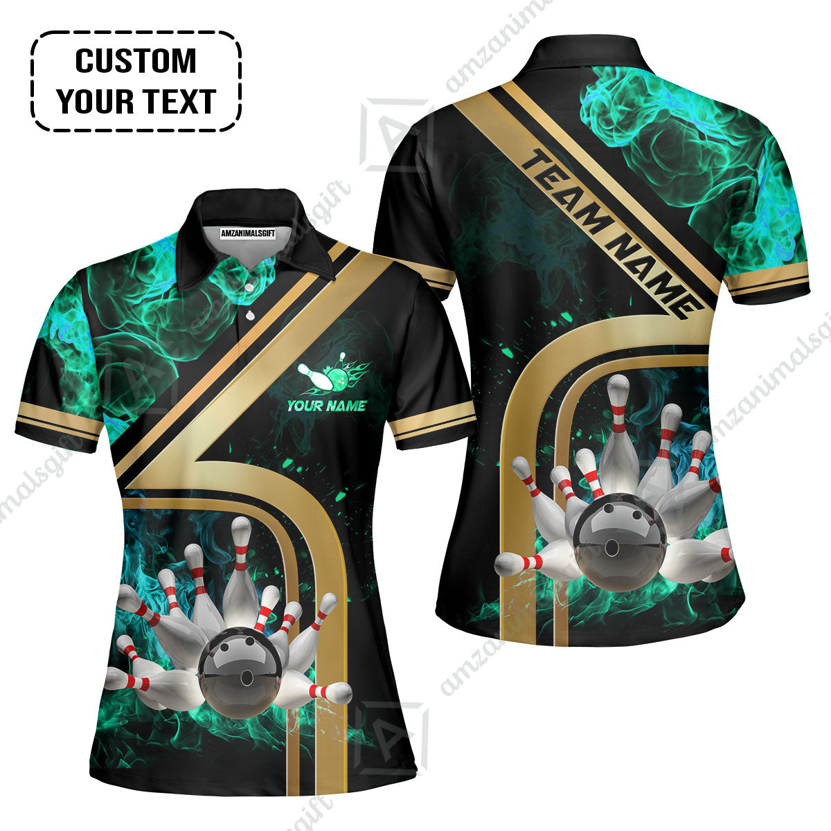 Custom Bowling Team Jerseys Polo Shirts, Bowling uniforms Ball & Pins Water And Flame Multicolor Options Personalized Name And Team Name