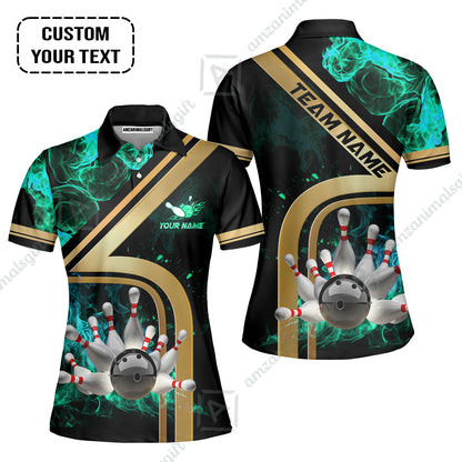 Custom Bowling Team Jerseys Polo Shirts, Bowling uniforms Ball & Pins Water And Flame Multicolor Options Personalized Name And Team Name