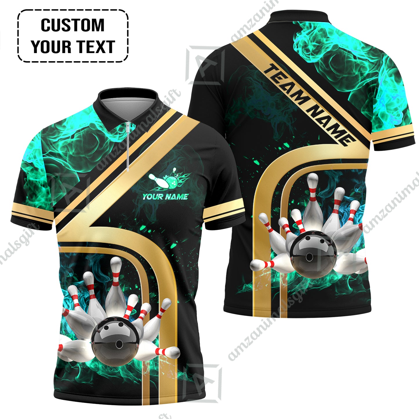Custom Bowling Team Jerseys Polo Shirts, Bowling uniforms Ball & Pins Water And Flame Multicolor Options Personalized Name And Team Name