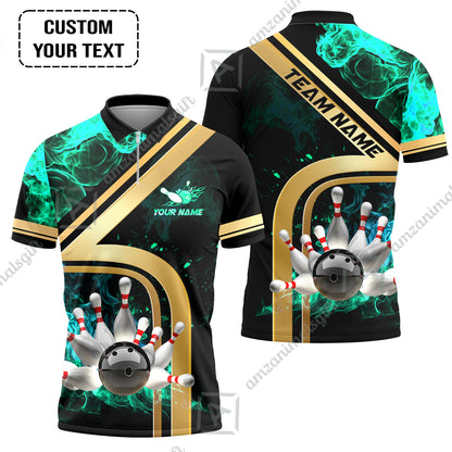 Custom Bowling Team Jerseys Polo Shirts, Bowling uniforms Ball & Pins Water And Flame Multicolor Options Personalized Name And Team Name