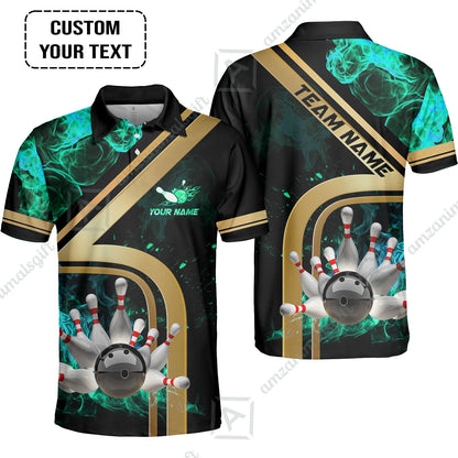Custom Bowling Team Jerseys Polo Shirts, Bowling uniforms Ball & Pins Water And Flame Multicolor Options Personalized Name And Team Name