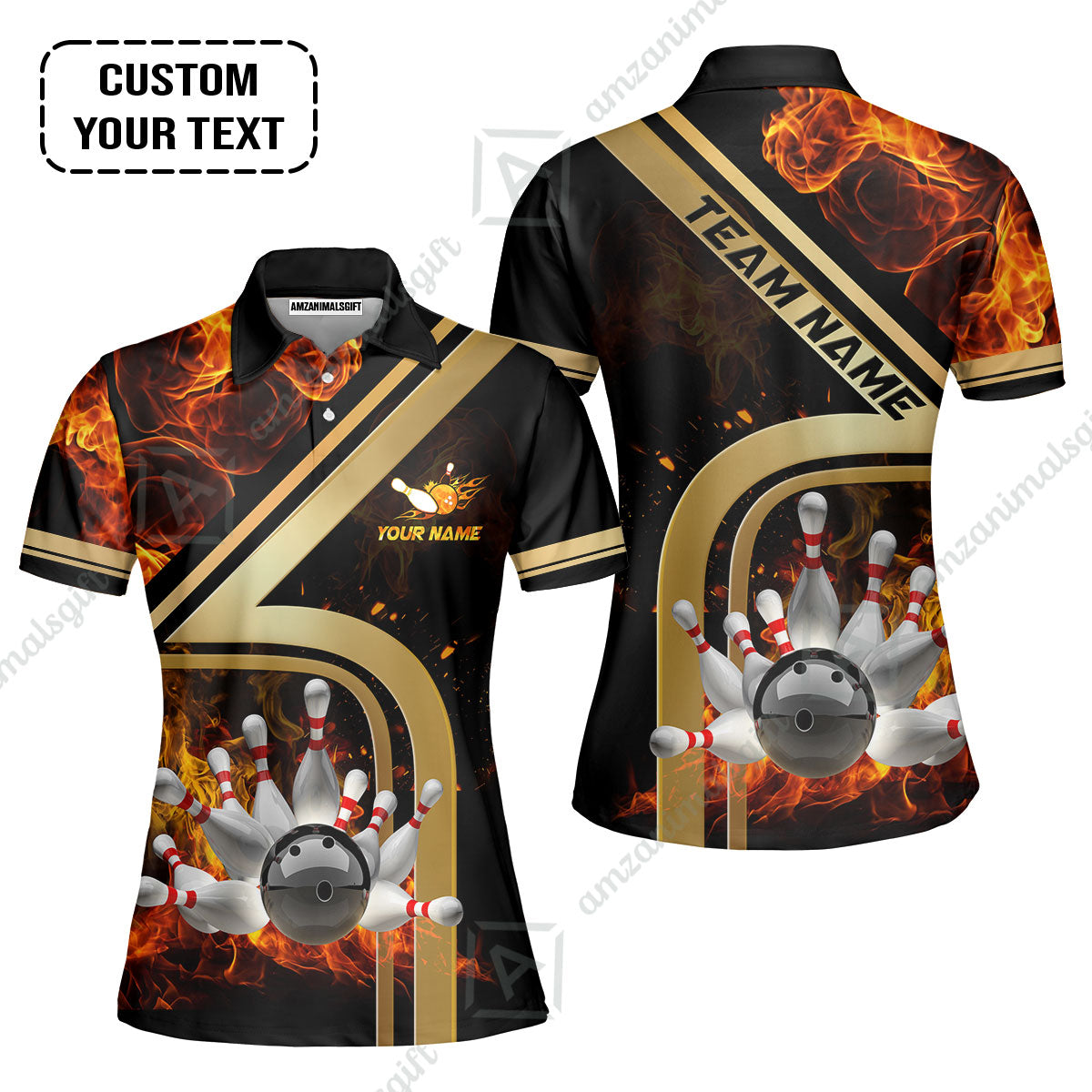 Custom Bowling Team Jerseys Polo Shirts, Bowling uniforms Ball & Pins Water And Flame Multicolor Options Personalized Name And Team Name