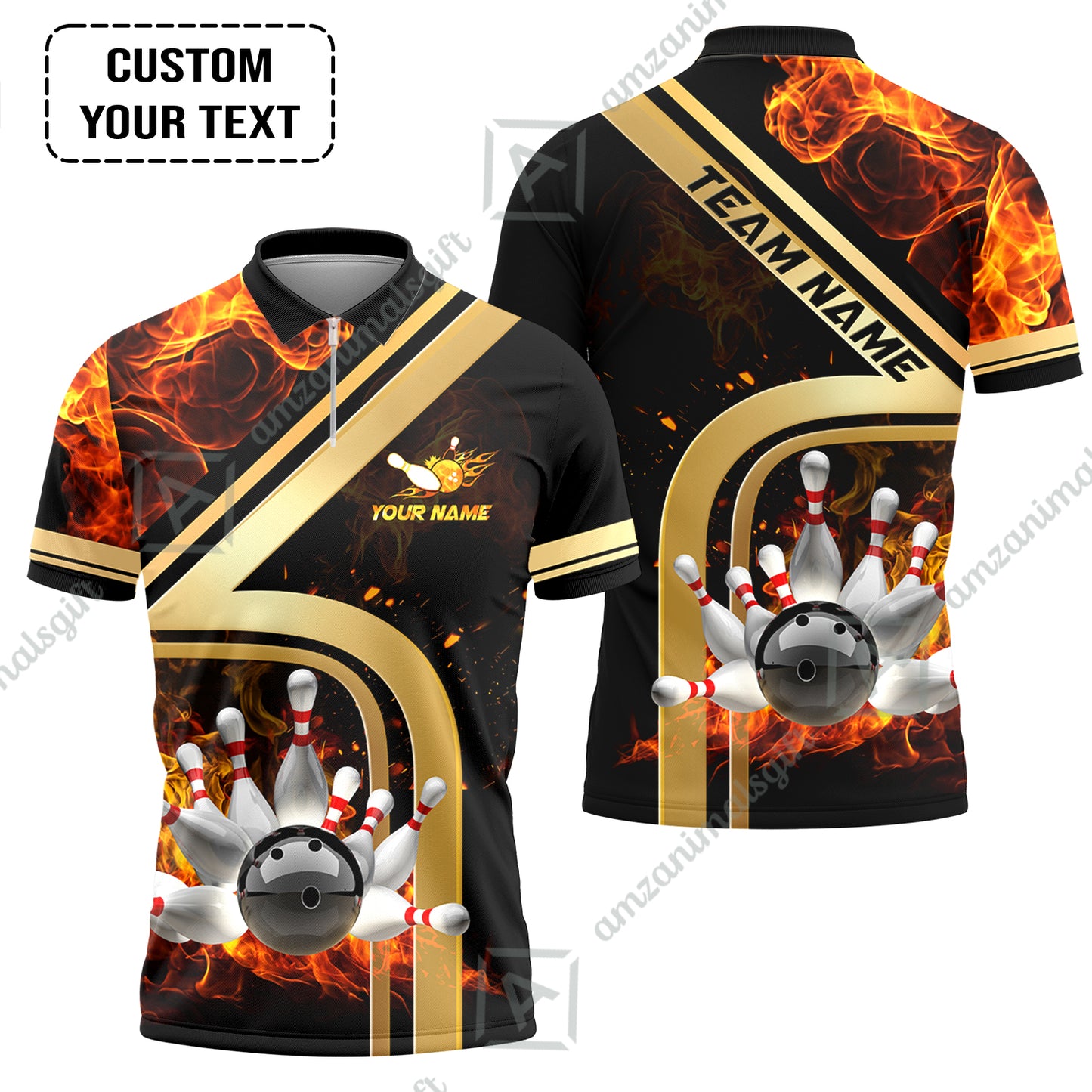 Custom Bowling Team Jerseys Polo Shirts, Bowling uniforms Ball & Pins Water And Flame Multicolor Options Personalized Name And Team Name