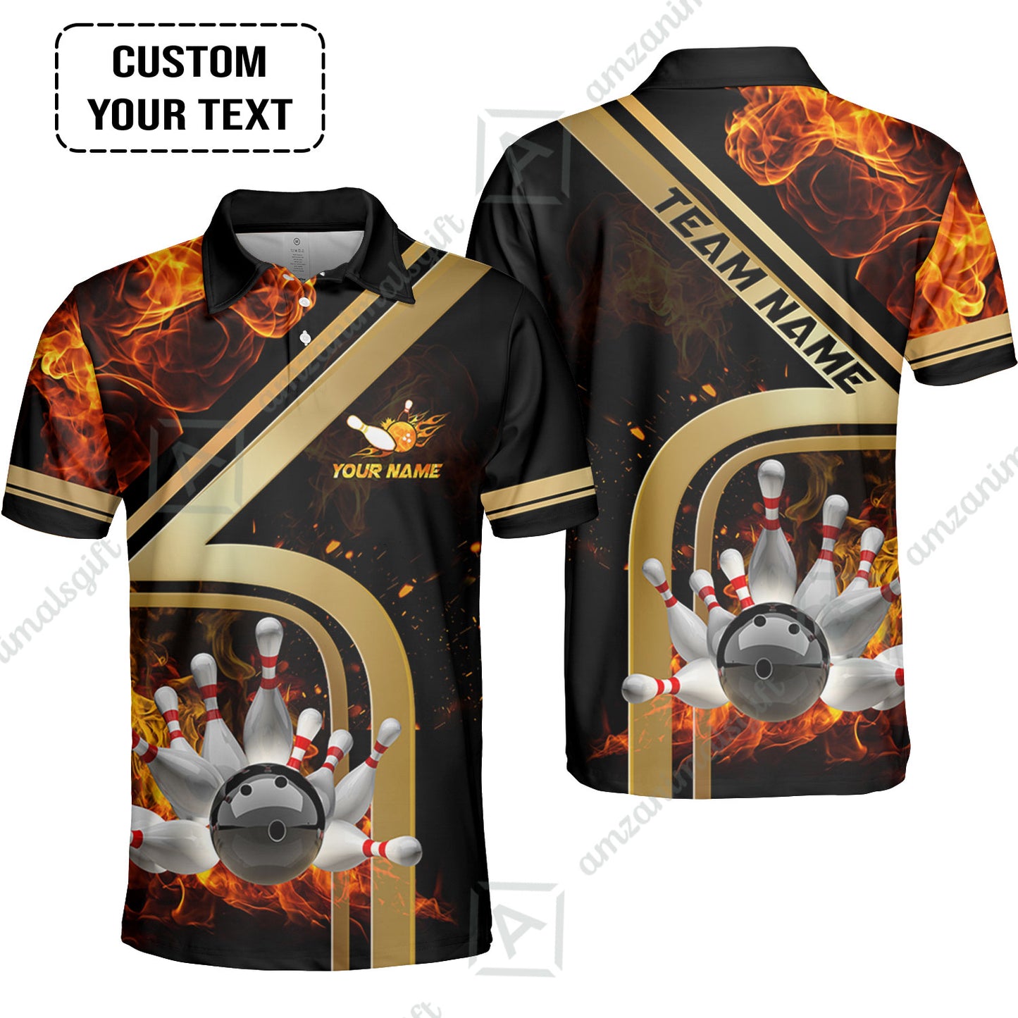 Custom Bowling Team Jerseys Polo Shirts, Bowling uniforms Ball & Pins Water And Flame Multicolor Options Personalized Name And Team Name