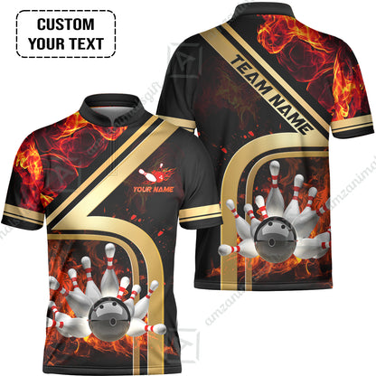 Custom Bowling Team Jerseys Polo Shirts, Bowling uniforms Ball & Pins Water And Flame Multicolor Options Personalized Name And Team Name
