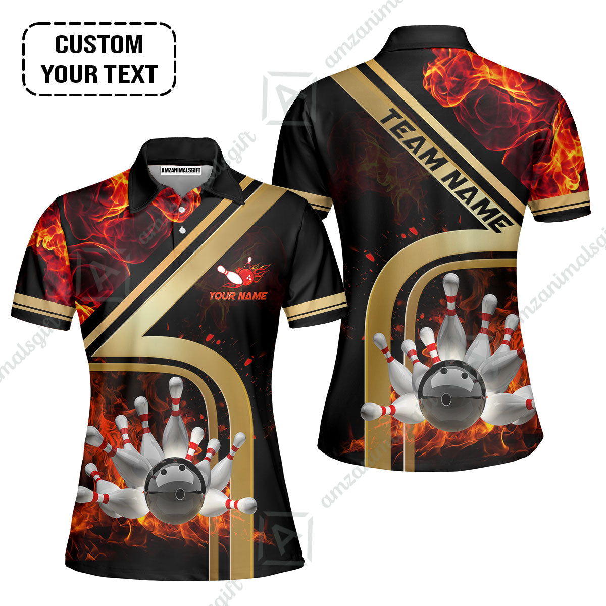 Custom Bowling Team Jerseys Polo Shirts, Bowling uniforms Ball & Pins Water And Flame Multicolor Options Personalized Name And Team Name
