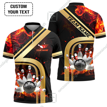 Custom Bowling Team Jerseys Polo Shirts, Bowling uniforms Ball & Pins Water And Flame Multicolor Options Personalized Name And Team Name