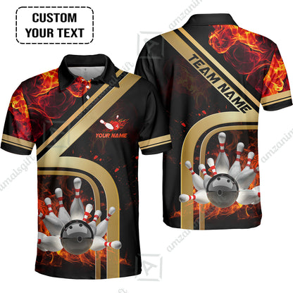 Custom Bowling Team Jerseys Polo Shirts, Bowling uniforms Ball & Pins Water And Flame Multicolor Options Personalized Name And Team Name