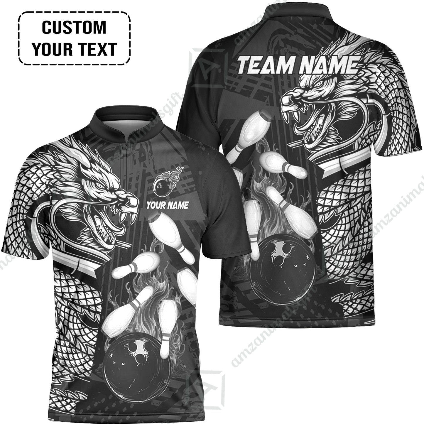 Custom Bowling Team Jerseys Polo Shirts, Bowling uniforms Bowling & Pins Dragon Flame Fire Multicolor Options Personalized Name And Team Name