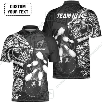 Custom Bowling Team Jerseys Polo Shirts, Bowling uniforms Bowling & Pins Dragon Flame Fire Multicolor Options Personalized Name And Team Name