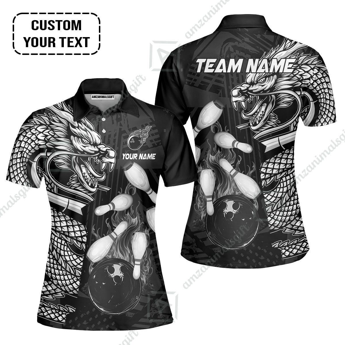 Custom Bowling Team Jerseys Polo Shirts, Bowling uniforms Bowling & Pins Dragon Flame Fire Multicolor Options Personalized Name And Team Name