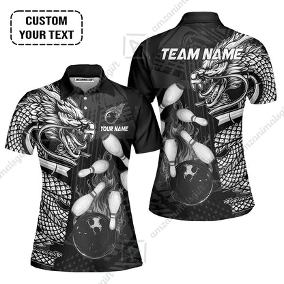Custom Bowling Team Jerseys Polo Shirts, Bowling uniforms Bowling & Pins Dragon Flame Fire Multicolor Options Personalized Name And Team Name