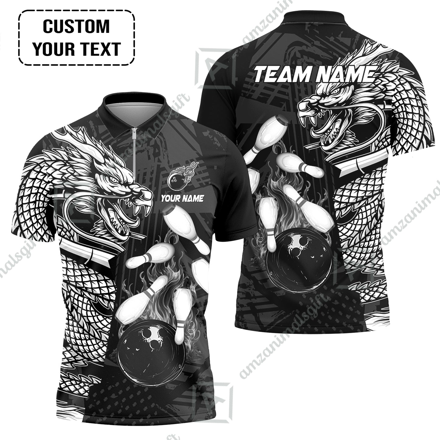 Custom Bowling Team Jerseys Polo Shirts, Bowling uniforms Bowling & Pins Dragon Flame Fire Multicolor Options Personalized Name And Team Name