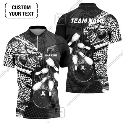 Custom Bowling Team Jerseys Polo Shirts, Bowling uniforms Bowling & Pins Dragon Flame Fire Multicolor Options Personalized Name And Team Name