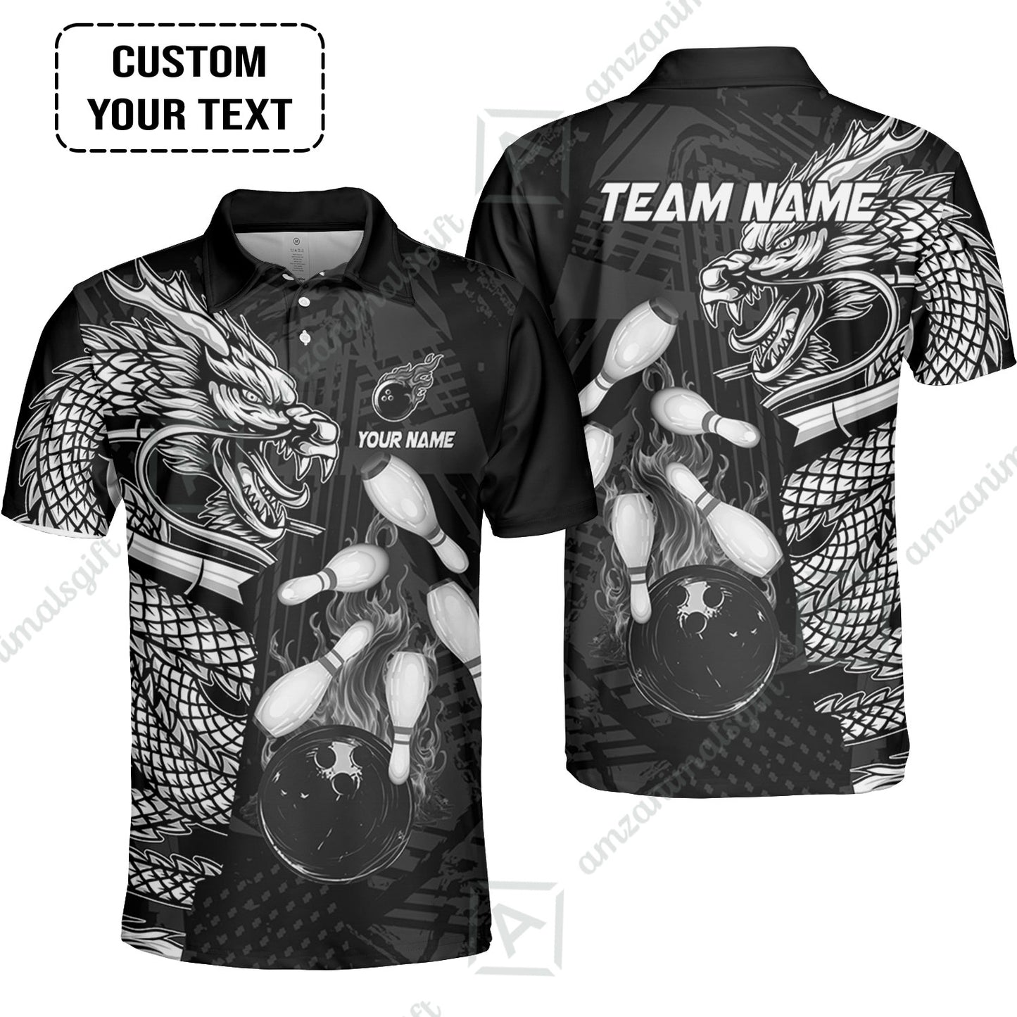 Custom Bowling Team Jerseys Polo Shirts, Bowling uniforms Bowling & Pins Dragon Flame Fire Multicolor Options Personalized Name And Team Name