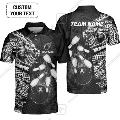 Custom Bowling Team Jerseys Polo Shirts, Bowling uniforms Bowling & Pins Dragon Flame Fire Multicolor Options Personalized Name And Team Name
