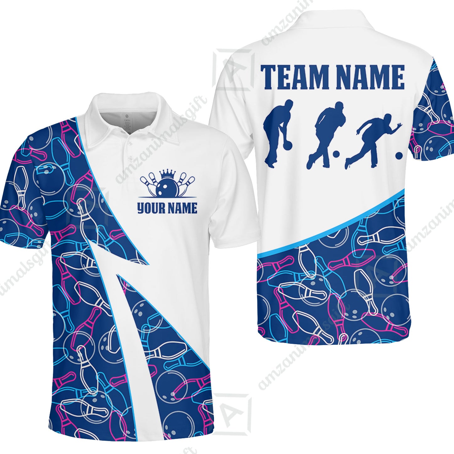 Custom Bowling Team Bowling Jersey, Neon Pattern Bowling Jersey With Player Silhouettes Multicolor Polo Quarter-Zip Shirts, Custom Bowling Uniforms Jerseys