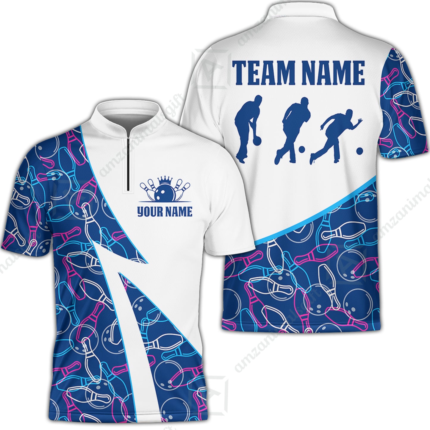 Custom Bowling Team Bowling Jersey, Neon Pattern Bowling Jersey With Player Silhouettes Multicolor Polo Quarter-Zip Shirts, Custom Bowling Uniforms Jerseys