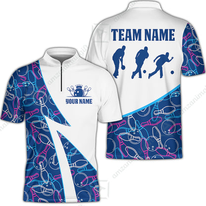 Custom Bowling Team Bowling Jersey, Neon Pattern Bowling Jersey With Player Silhouettes Multicolor Polo Quarter-Zip Shirts, Custom Bowling Uniforms Jerseys