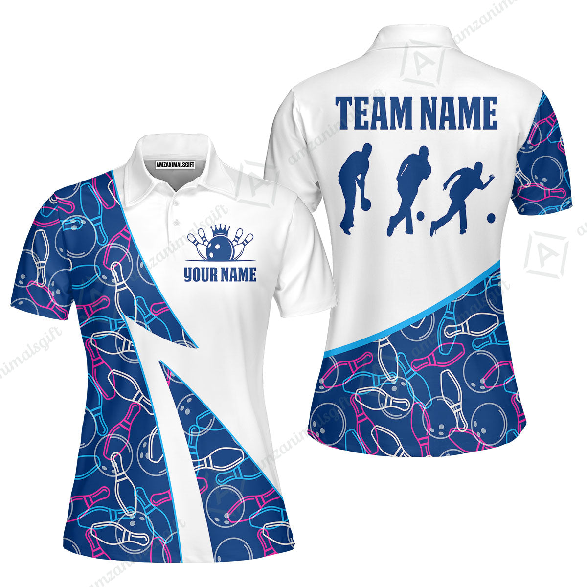 Custom Bowling Team Bowling Jersey, Neon Pattern Bowling Jersey With Player Silhouettes Multicolor Polo Quarter-Zip Shirts, Custom Bowling Uniforms Jerseys