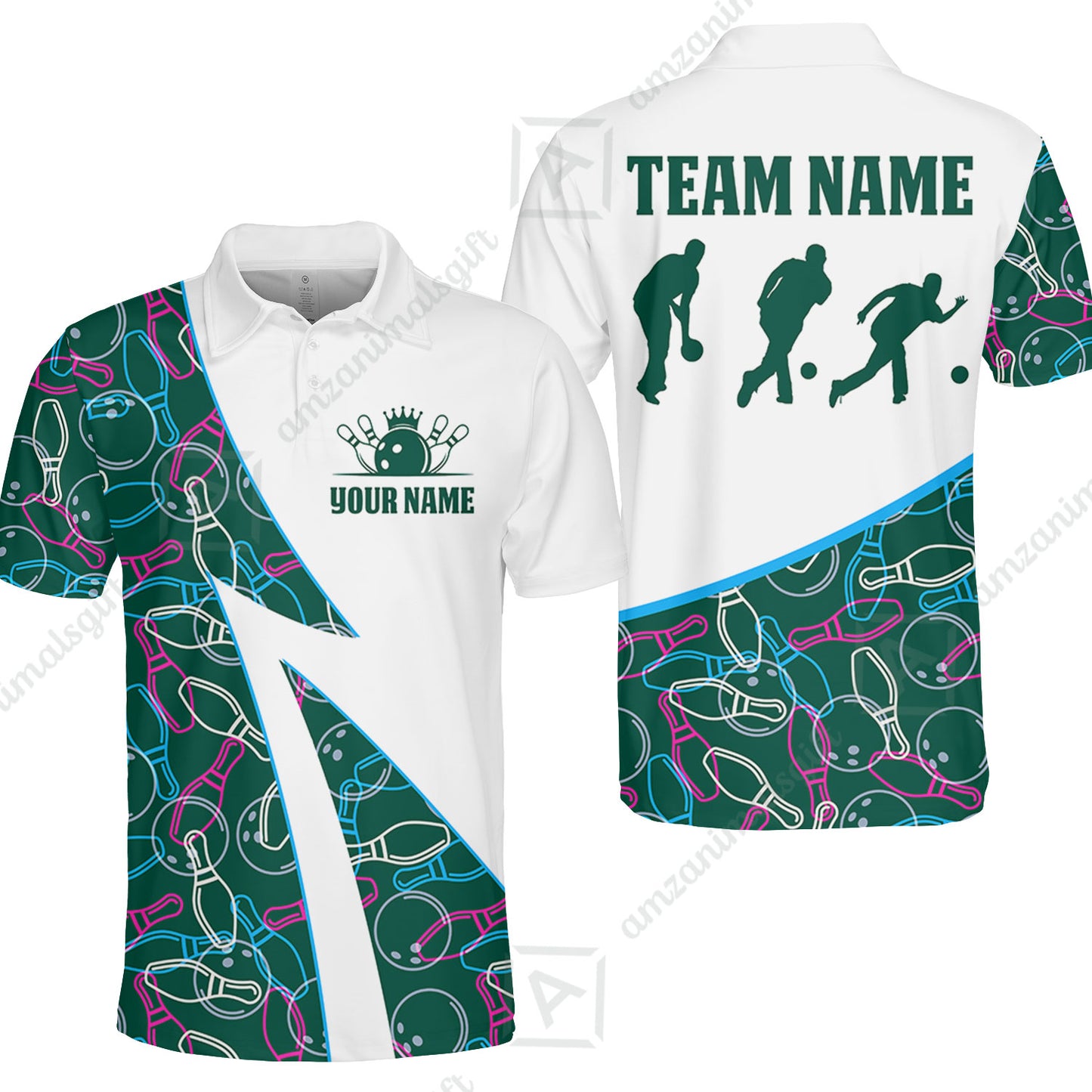 Custom Bowling Team Bowling Jersey, Neon Pattern Bowling Jersey With Player Silhouettes Multicolor Polo Quarter-Zip Shirts, Custom Bowling Uniforms Jerseys