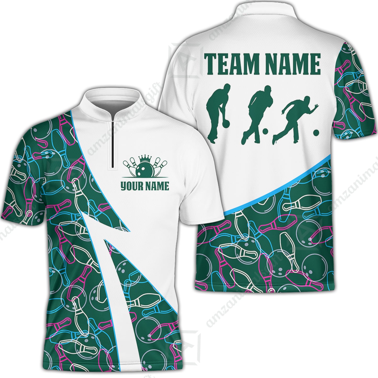 Custom Bowling Team Bowling Jersey, Neon Pattern Bowling Jersey With Player Silhouettes Multicolor Polo Quarter-Zip Shirts, Custom Bowling Uniforms Jerseys