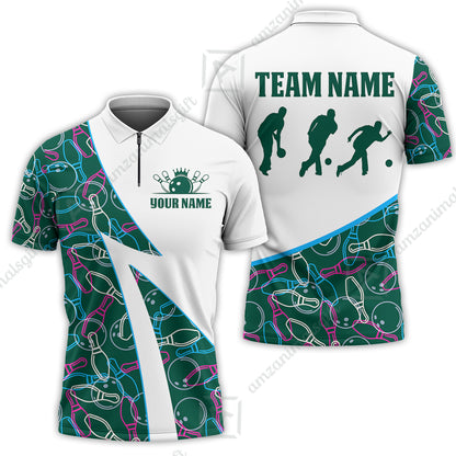 Custom Bowling Team Bowling Jersey, Neon Pattern Bowling Jersey With Player Silhouettes Multicolor Polo Quarter-Zip Shirts, Custom Bowling Uniforms Jerseys