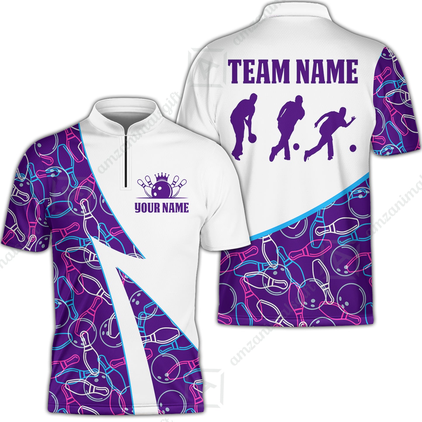 Custom Bowling Team Bowling Jersey, Neon Pattern Bowling Jersey With Player Silhouettes Multicolor Polo Quarter-Zip Shirts, Custom Bowling Uniforms Jerseys