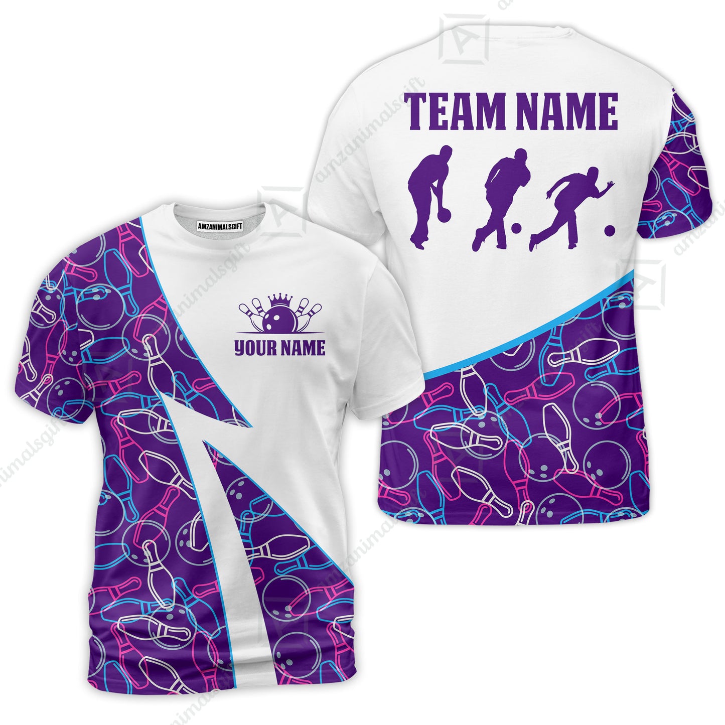 Custom Bowling Team Bowling Jersey, Neon Pattern Bowling Jersey With Player Silhouettes Multicolor Polo Quarter-Zip Shirts, Custom Bowling Uniforms Jerseys