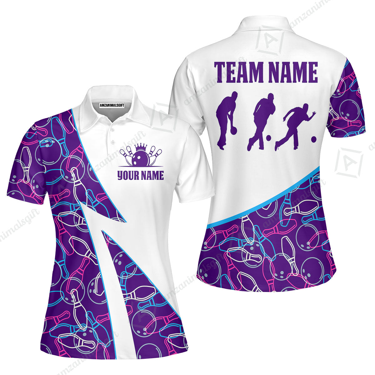 Custom Bowling Team Bowling Jersey, Neon Pattern Bowling Jersey With Player Silhouettes Multicolor Polo Quarter-Zip Shirts, Custom Bowling Uniforms Jerseys
