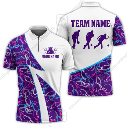 Custom Bowling Team Bowling Jersey, Neon Pattern Bowling Jersey With Player Silhouettes Multicolor Polo Quarter-Zip Shirts, Custom Bowling Uniforms Jerseys