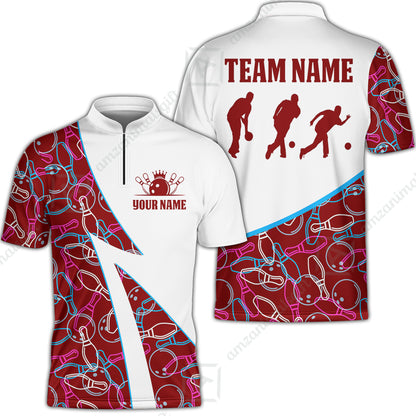 Custom Bowling Team Bowling Jersey, Neon Pattern Bowling Jersey With Player Silhouettes Multicolor Polo Quarter-Zip Shirts, Custom Bowling Uniforms Jerseys