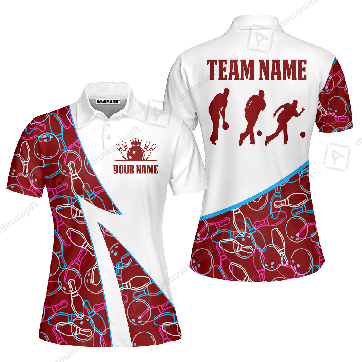 Custom Bowling Team Bowling Jersey, Neon Pattern Bowling Jersey With Player Silhouettes Multicolor Polo Quarter-Zip Shirts, Custom Bowling Uniforms Jerseys