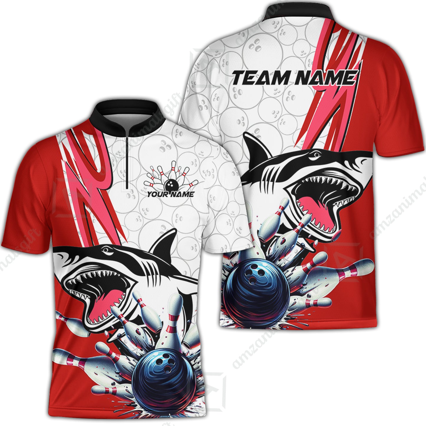 Custom Shark Bowling Team Jersey,  Shark Bowling Jersey Multicolor Polo Quarter-Zip Shirts, Bowling Uniforms Jerseys, Custom Name And Team Name
